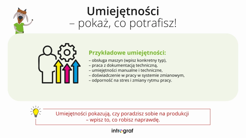 infografika informująca jakie umiejetnosci umieścić w cv pracownika produkcji intrograf