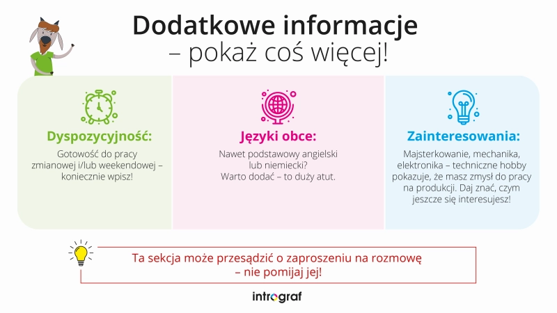 infografika pokazująca jakie ważne informacje umieścić w cv pracownika produkcji intrograf